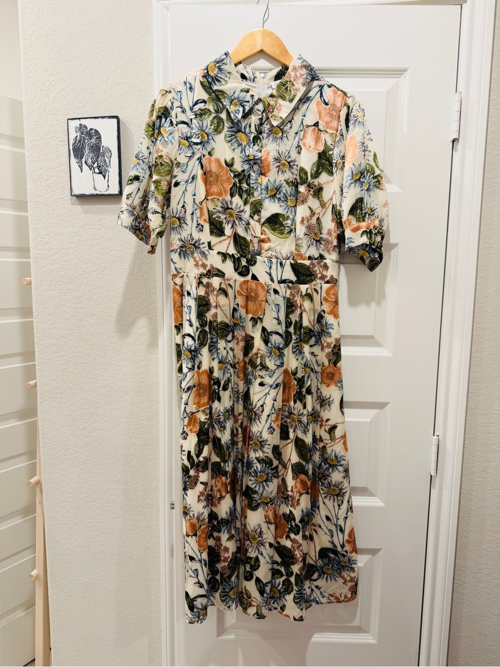 Ivy City Co Cream Floral Midi Dress with Peach and Green Accents